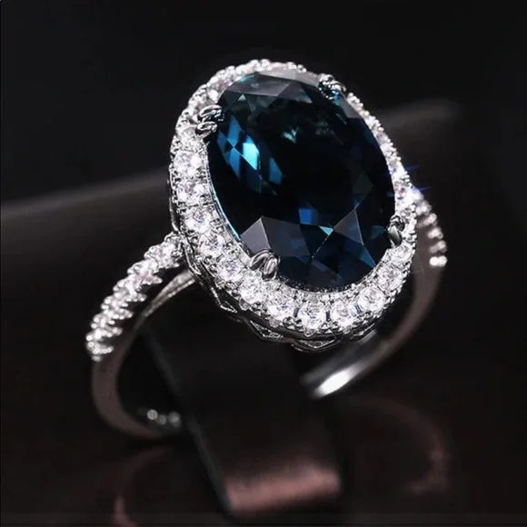 NEW 925 SILVER OVAL LONDON BLUE DIAMOND RING - Picture 3 of 6